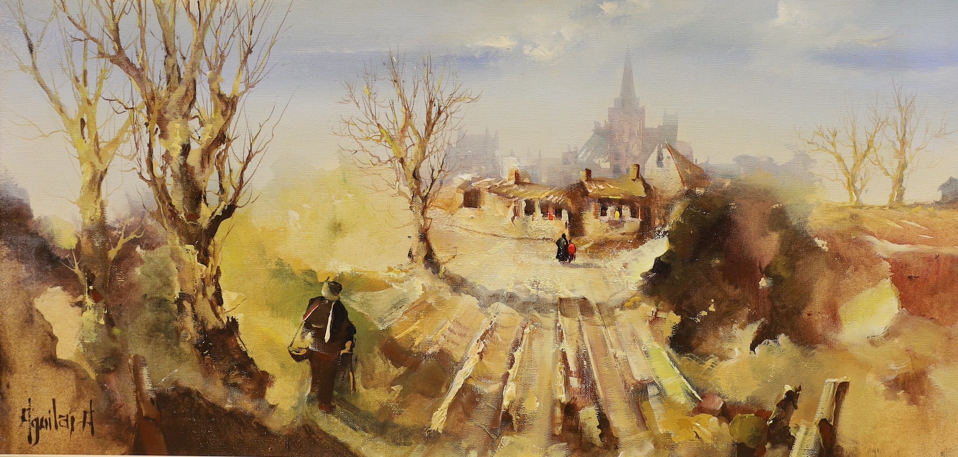 Jorge Aquilar Agon, oil on canvas, ‘Evening Return’, signed, 39 x 78cm